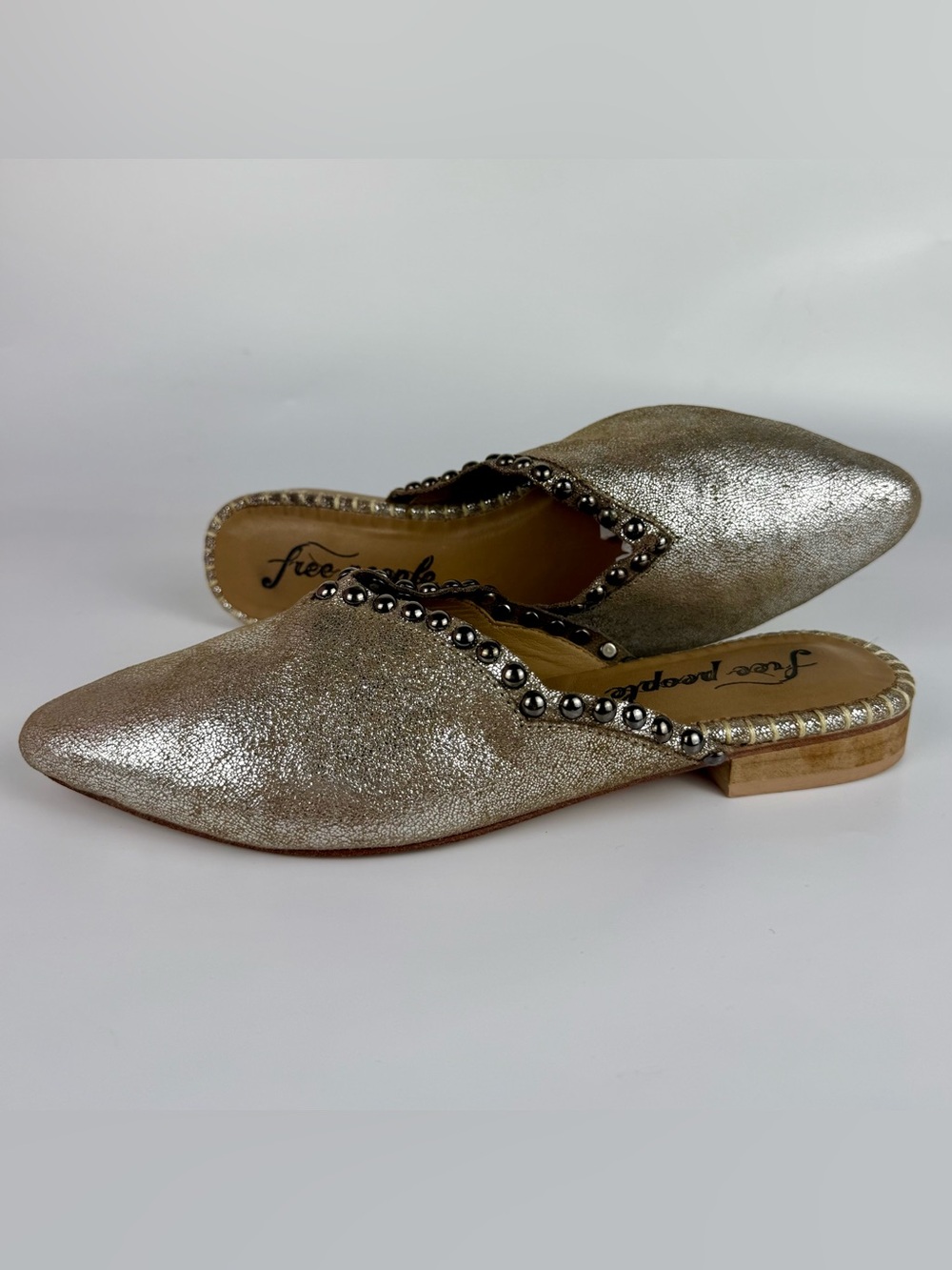 Free People Newport Studded Shimmery Silver Mules Slides Women Sz EU 38
